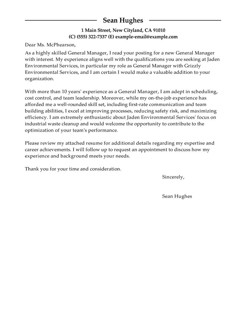 Leading Professional General Manager Cover Letter Examples 
