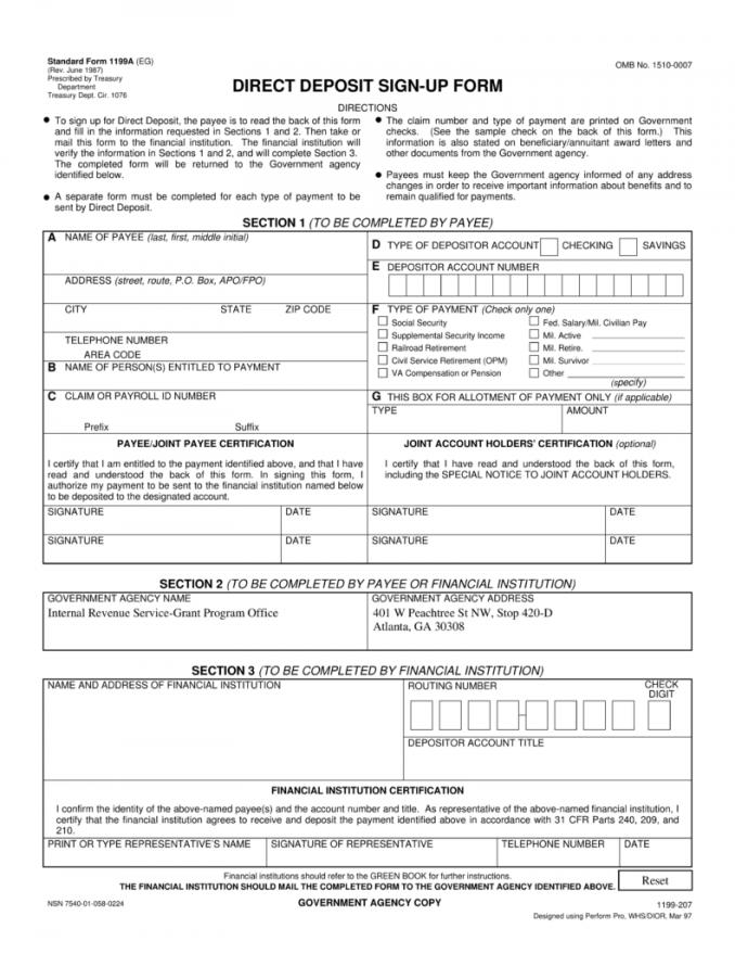 Free Standard Direct Deposit Authorization Form (Federal 1199A 