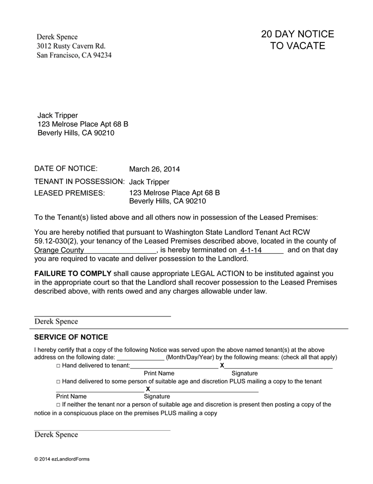 Washington 20 Day Notice to Vacate | EZ Landlord Forms