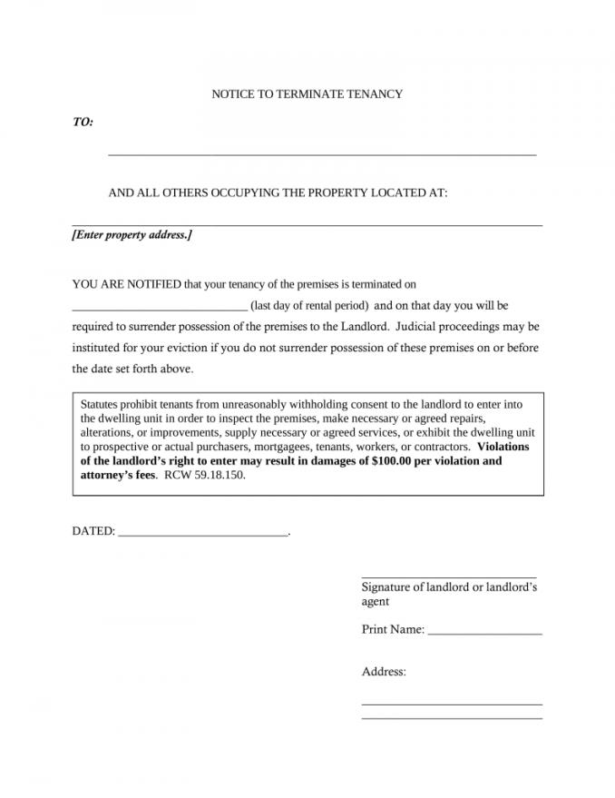Washington Lease Termination Letter Form | 20 Day Notice | eForms 