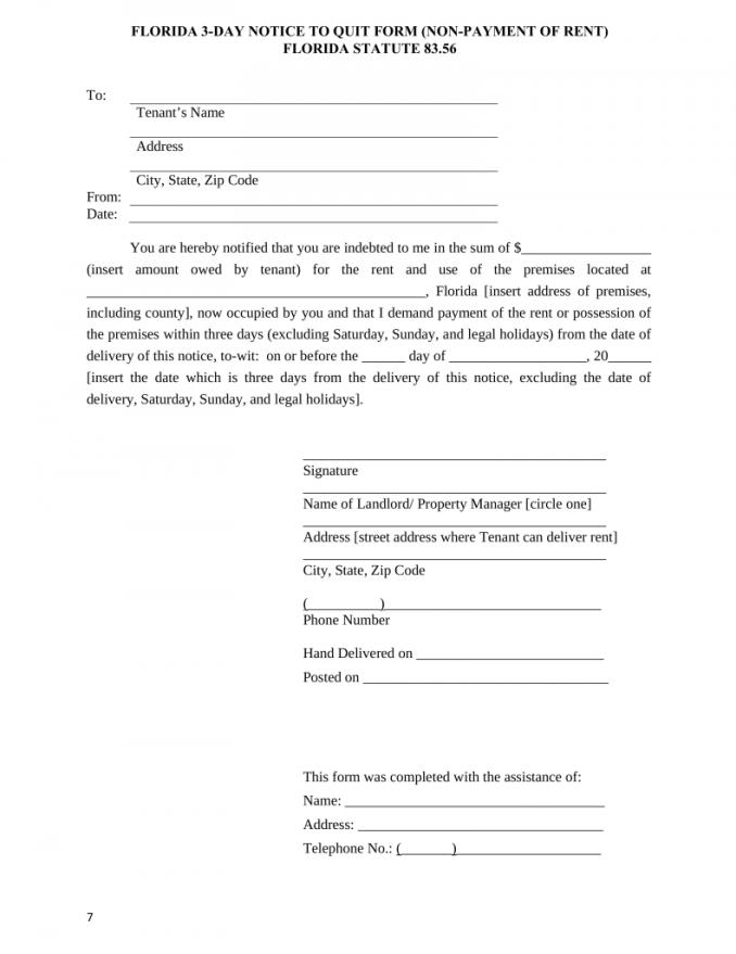 Florida 3 Day Notice to Quit Form | Non Payment of Rent | eForms 