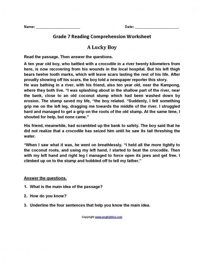 Reading Worksheets | Seventh Grade Reading Worksheets