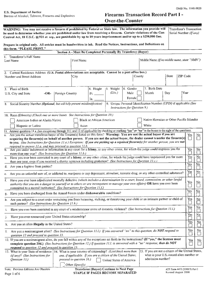 Printable Atf 4473 Form Fillable