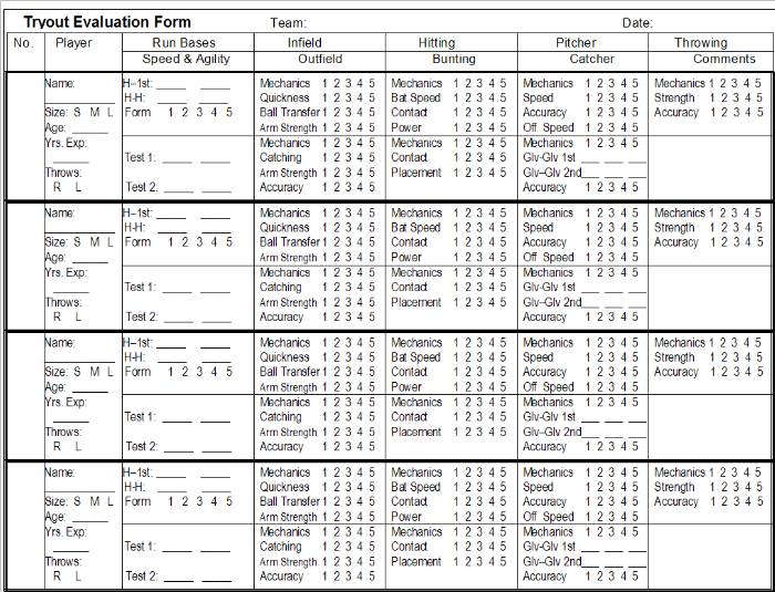 Travel Softball Evaluation Form | Baseball Player Evaluation Form 