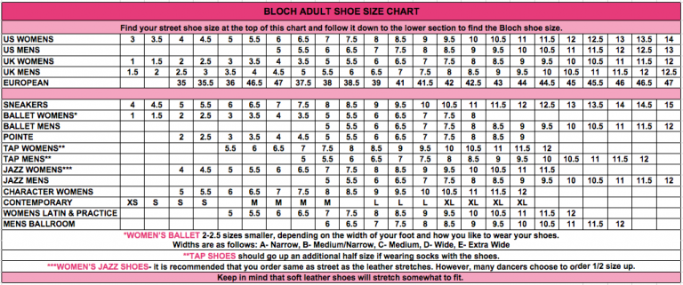 Bloch Ballet Shoes Size Chart | amulette