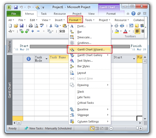 Where is Gantt Chart Wizard in Project 2010, 2013 and 2016