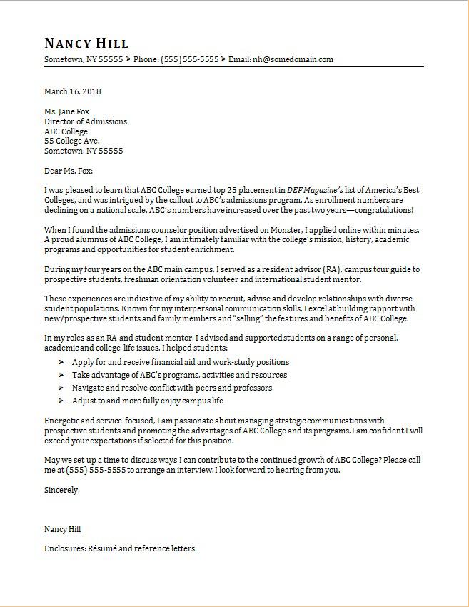 Admissions Counselor Cover Letter Sample | Monster.com
