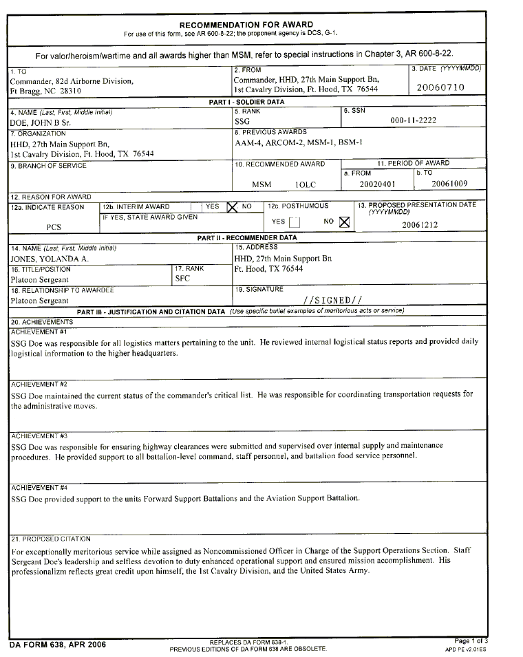 DA Form 638 Recommendation For Award Instructions