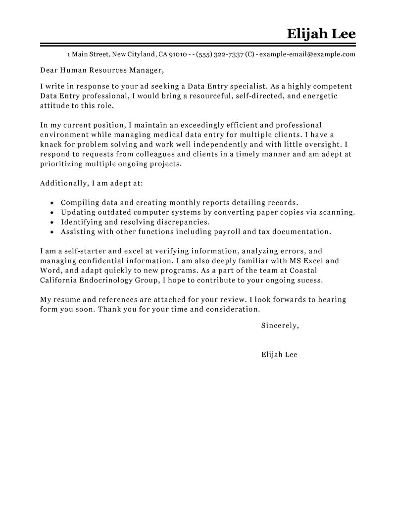 Leading Professional Data Entry Cover Letter Examples & Resources 