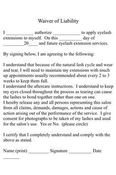 A simple eyelash extension consent form for your use.. #spa #salon 