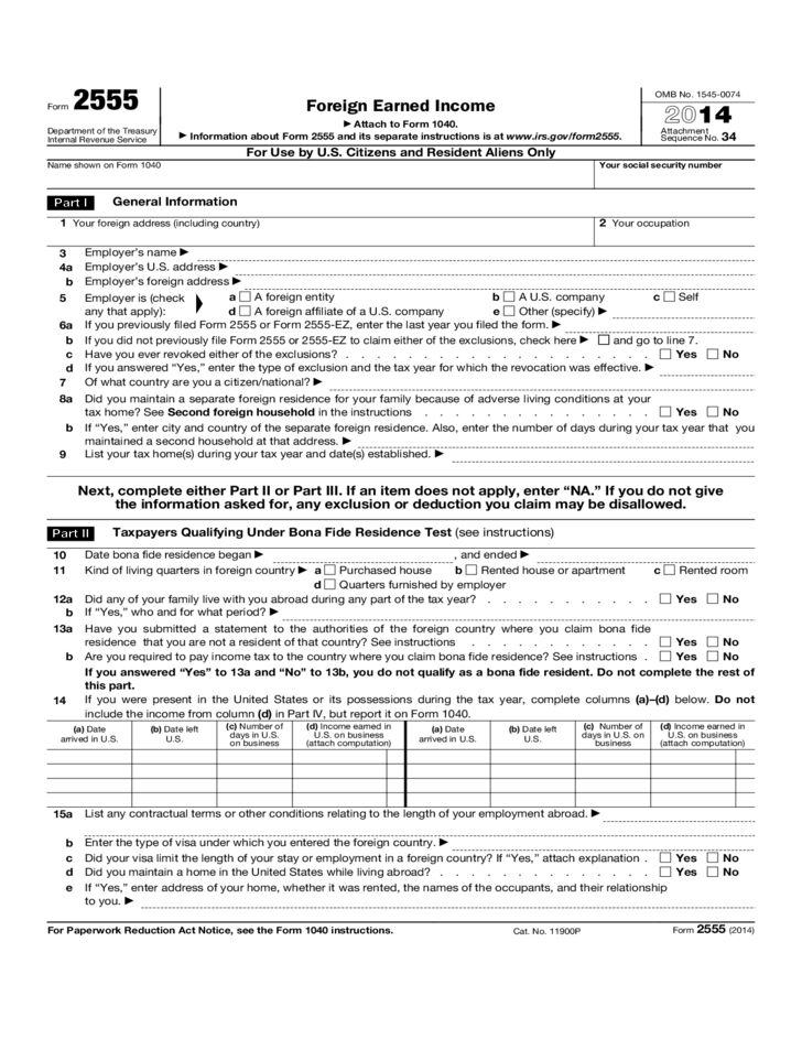 Form 2555 Foreign Earned Income (2014) Free Download