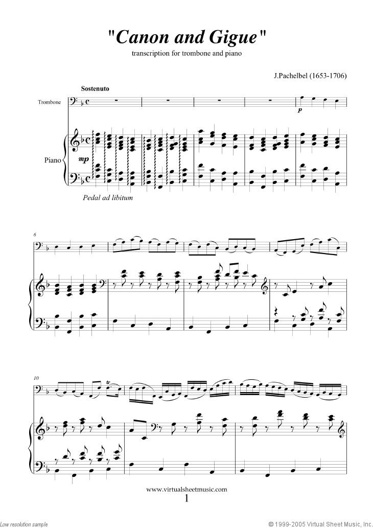 Pachelbel Canon in D sheet music for trombone and piano [PDF]