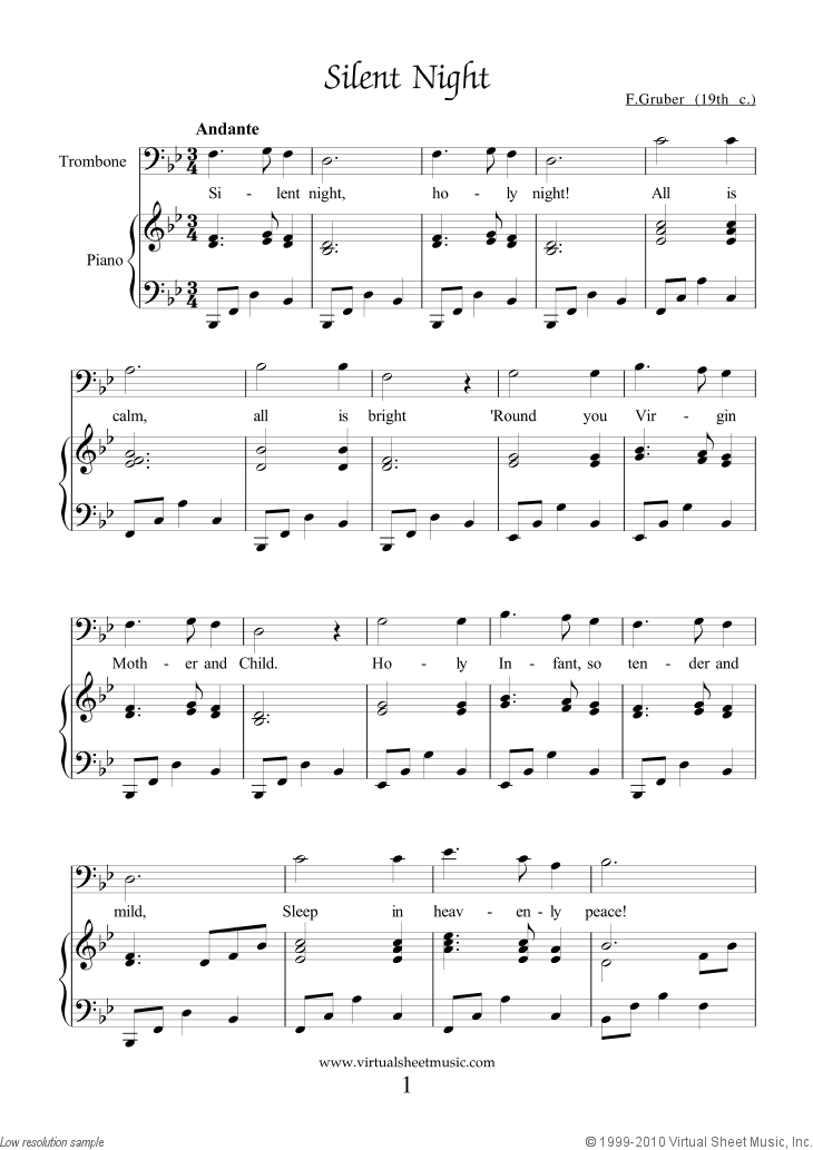 Free Silent Night sheet music for trombone and piano [PDF]