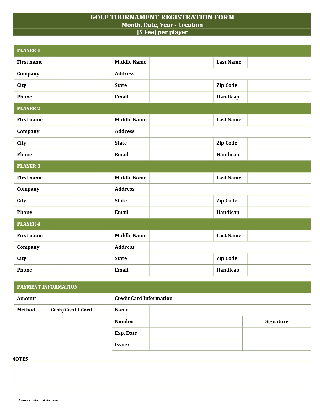 Golf Tournament Registration Form
