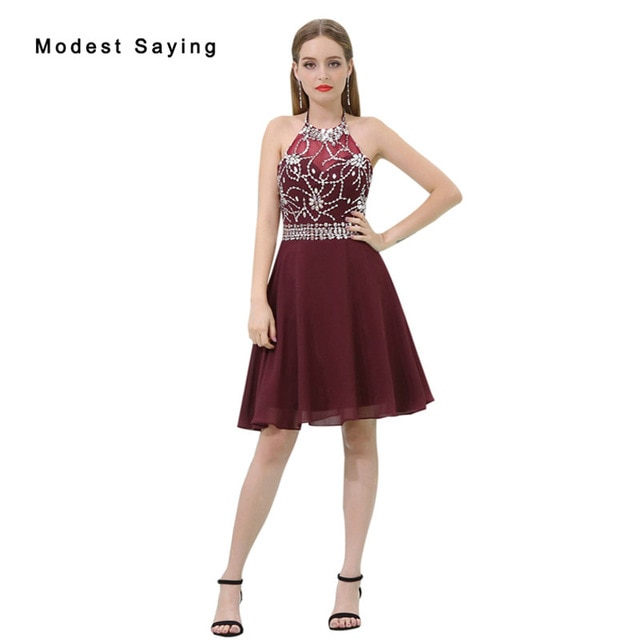 Sexy Backless Burgundy Beaded Rhinestone Short Homecoming Dress 