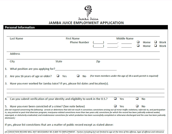 Jamba Juice Application PDF Print Out