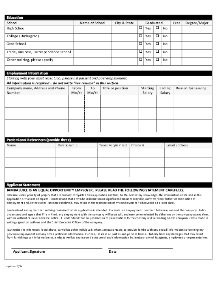 Free Printable Jamba Juice Job Application Form