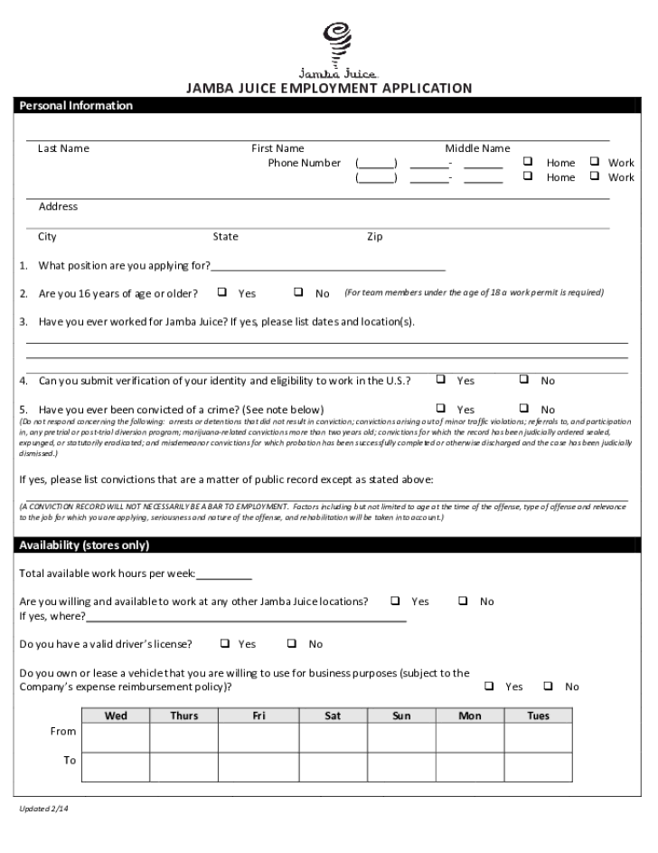 Jamba Juice Job Application Form