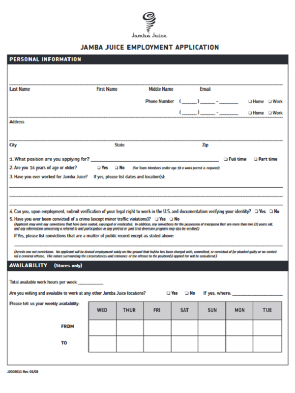 Jamba Juice Application Printable Fill Online, Printable 