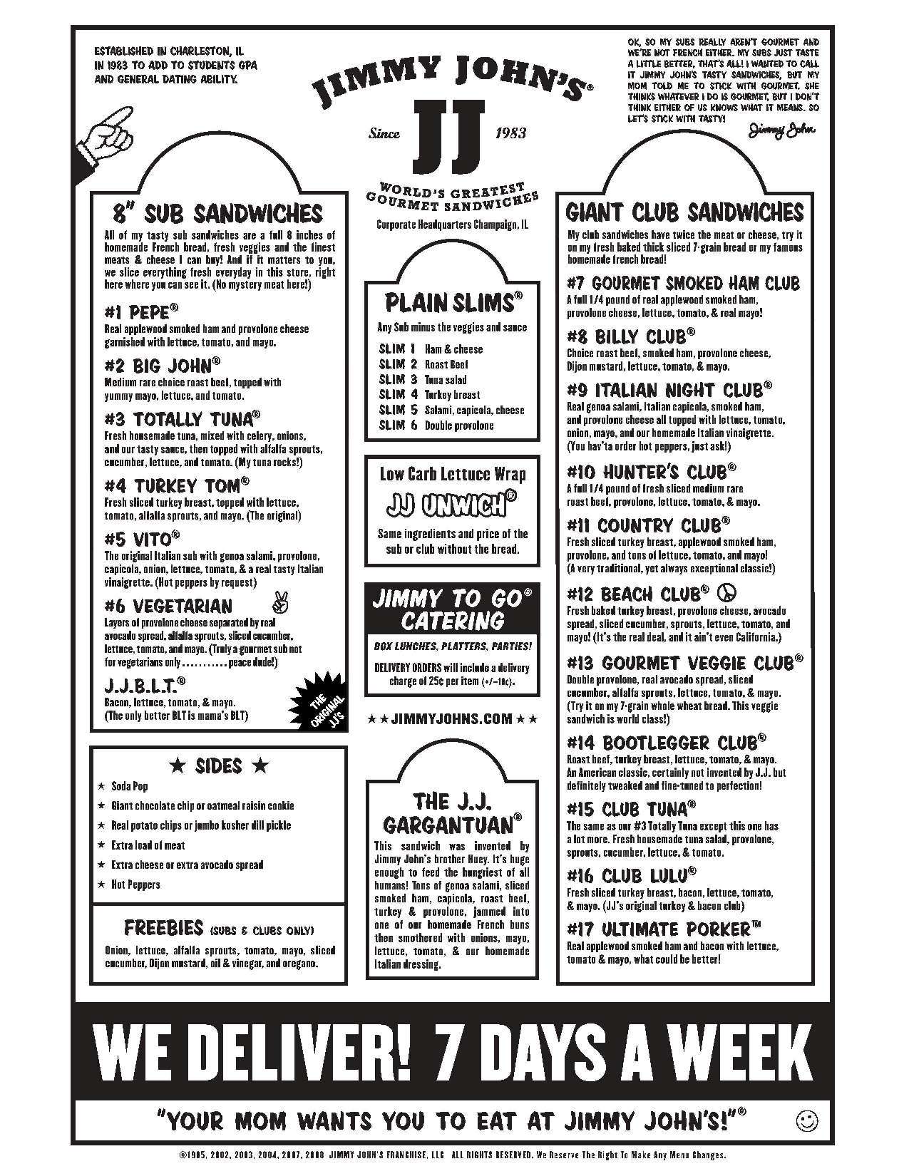 Jimmy John's Menu, Menu for Jimmy John's, Germantown, Memphis 