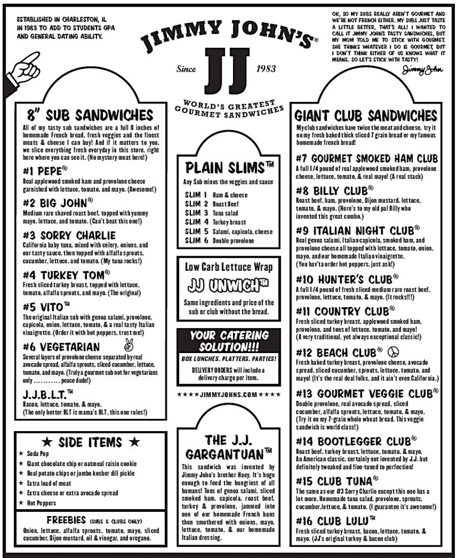 Jimmy Johns Menu Updated 2018