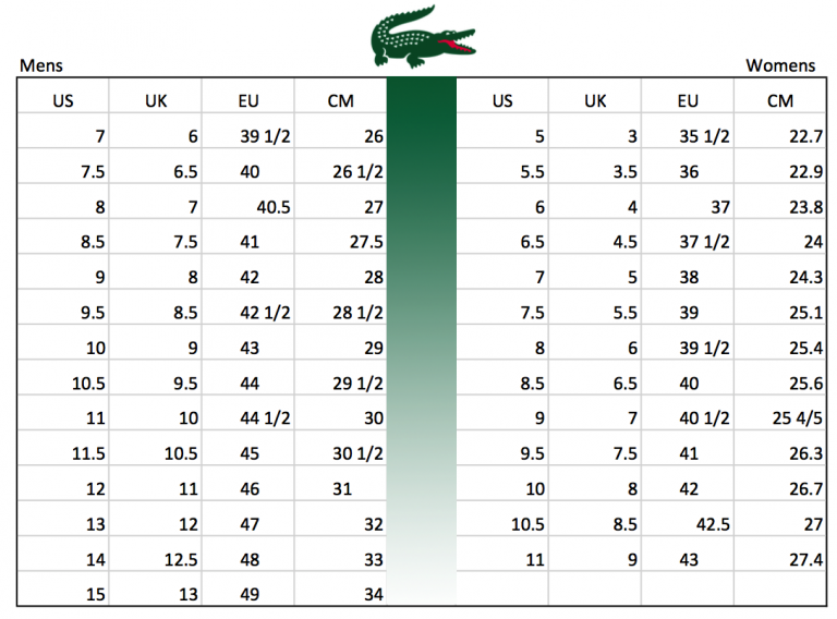 Lacoste Women Size Chart amulette