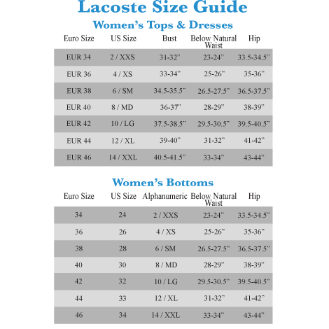 Lacoste Women Size Chart | amulette