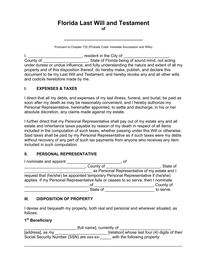Free Florida Last Will and Testament Template PDF | Word 