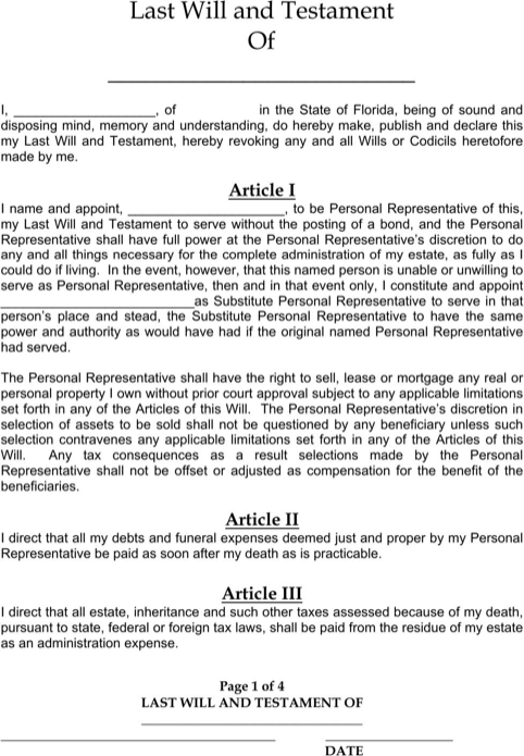 last will and testament template florida | * Last Will and 
