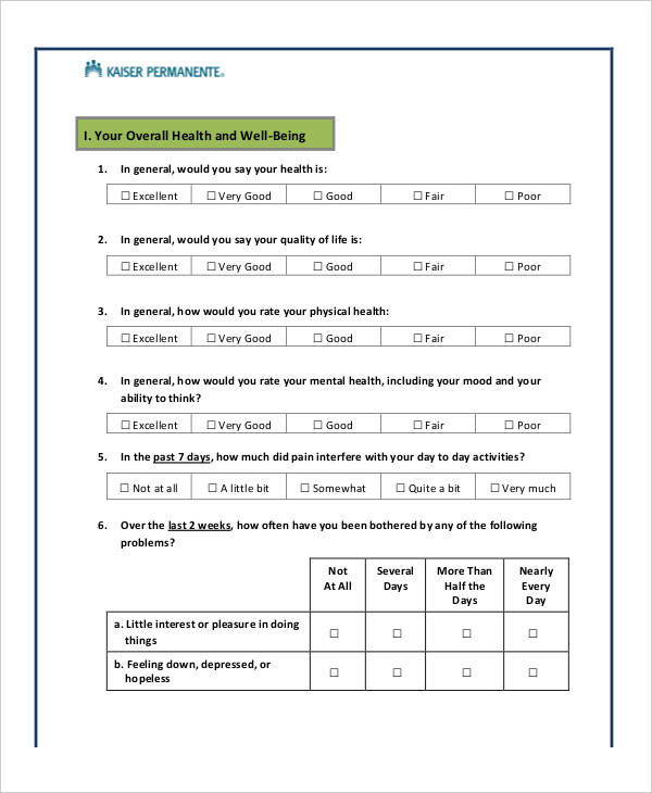Free Health Assessment Form