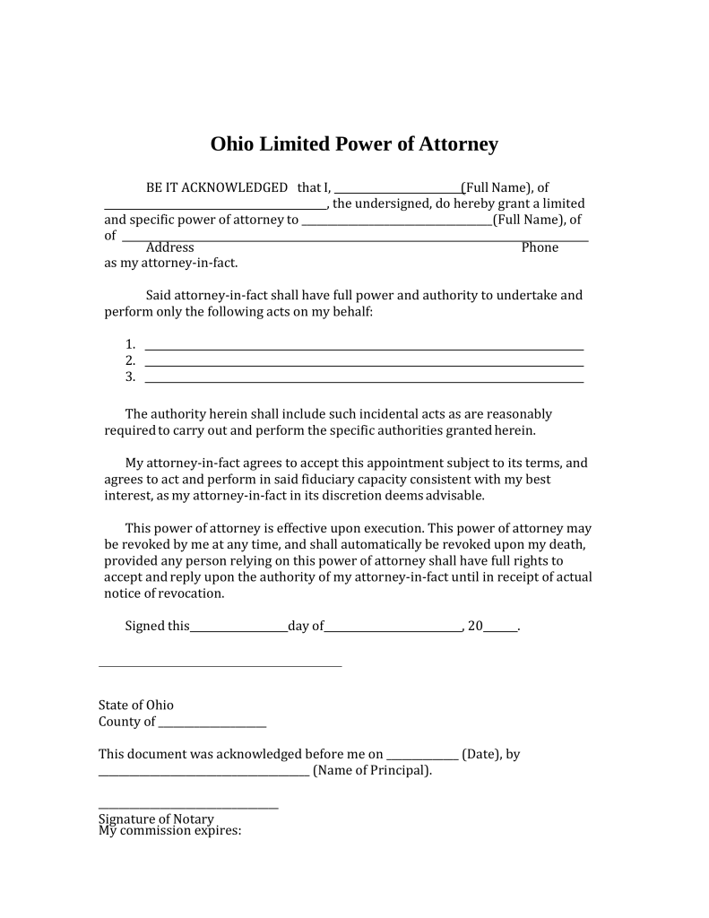 Free Ohio Limited Power of Attorney Form PDF | Word | eForms 