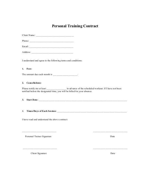 Printable Sample Personal Training Contract Template Form | Online 