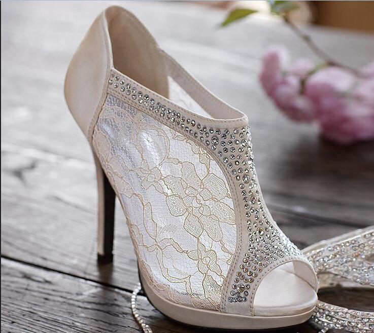 2016 New Arrive Wedding Shoes Lace Plus Size Rhinestone Peep Toe 