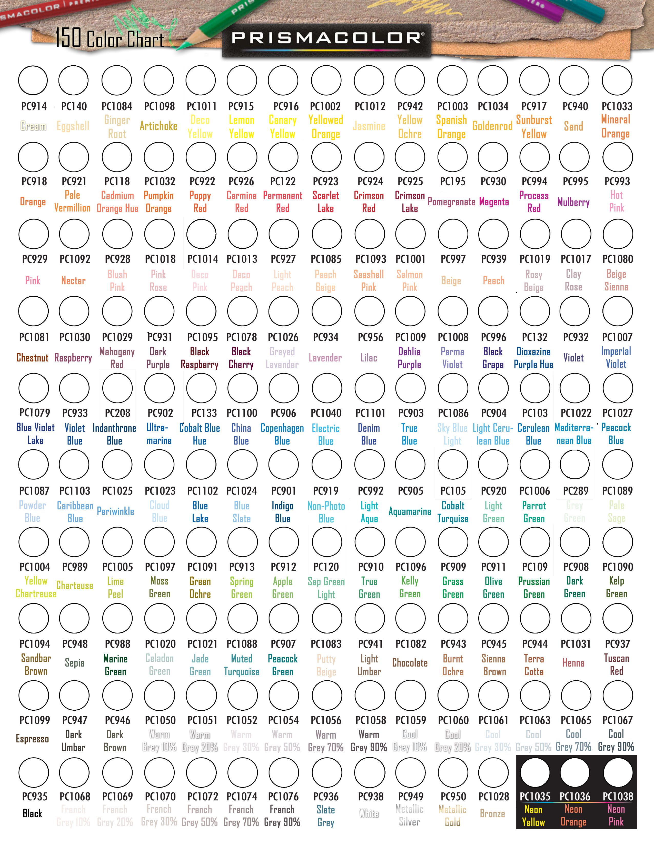 Prismacolor SoftCore Pencil Chart 150 | Adult Coloring Pages 