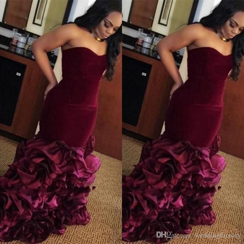 Elegant Plus Size Prom Dresses Burgundy Velvet Top Strapless 