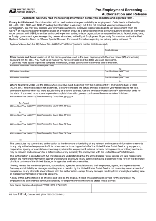 Fillable Ps Form 2181 a printable pdf download