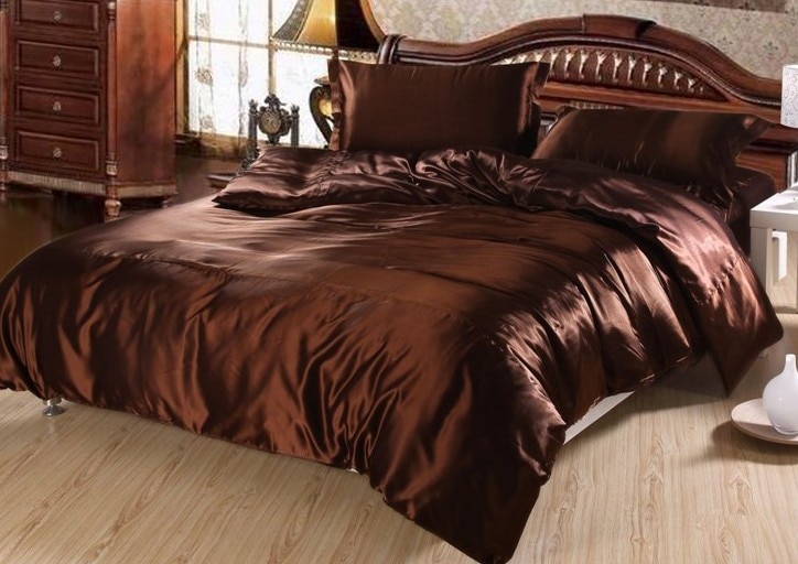 7pcs Luxury Brown Silk Bedding set Satin sheets Cal Super king 