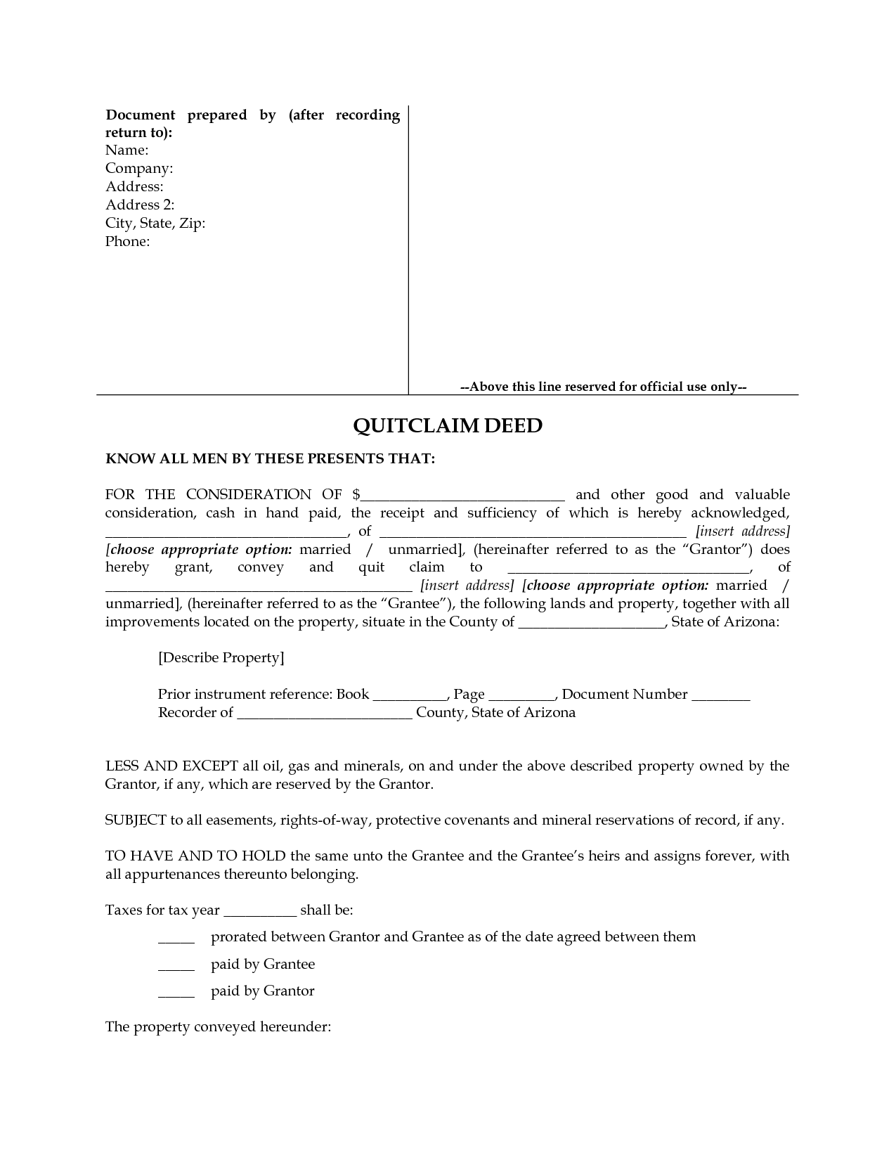 Free Printable Quit Claim Deed Form Arizona Printable Forms Free Online
