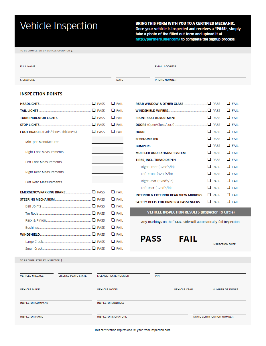 Uber Inspection Form | RideShare Inspection Locations