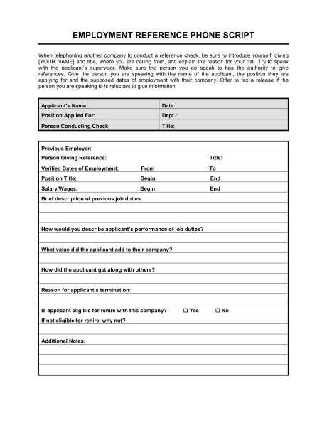 Reference Check Phone Script Template & Sample Form | Biztree.com