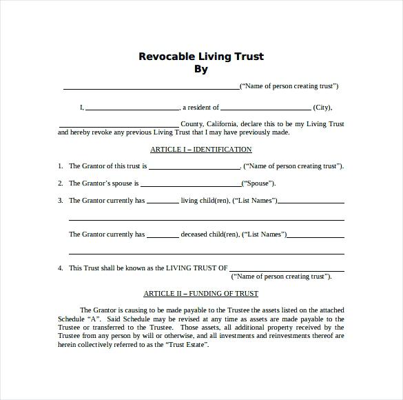 Living Trust Templates Plus Revocable Living Trust Form For 