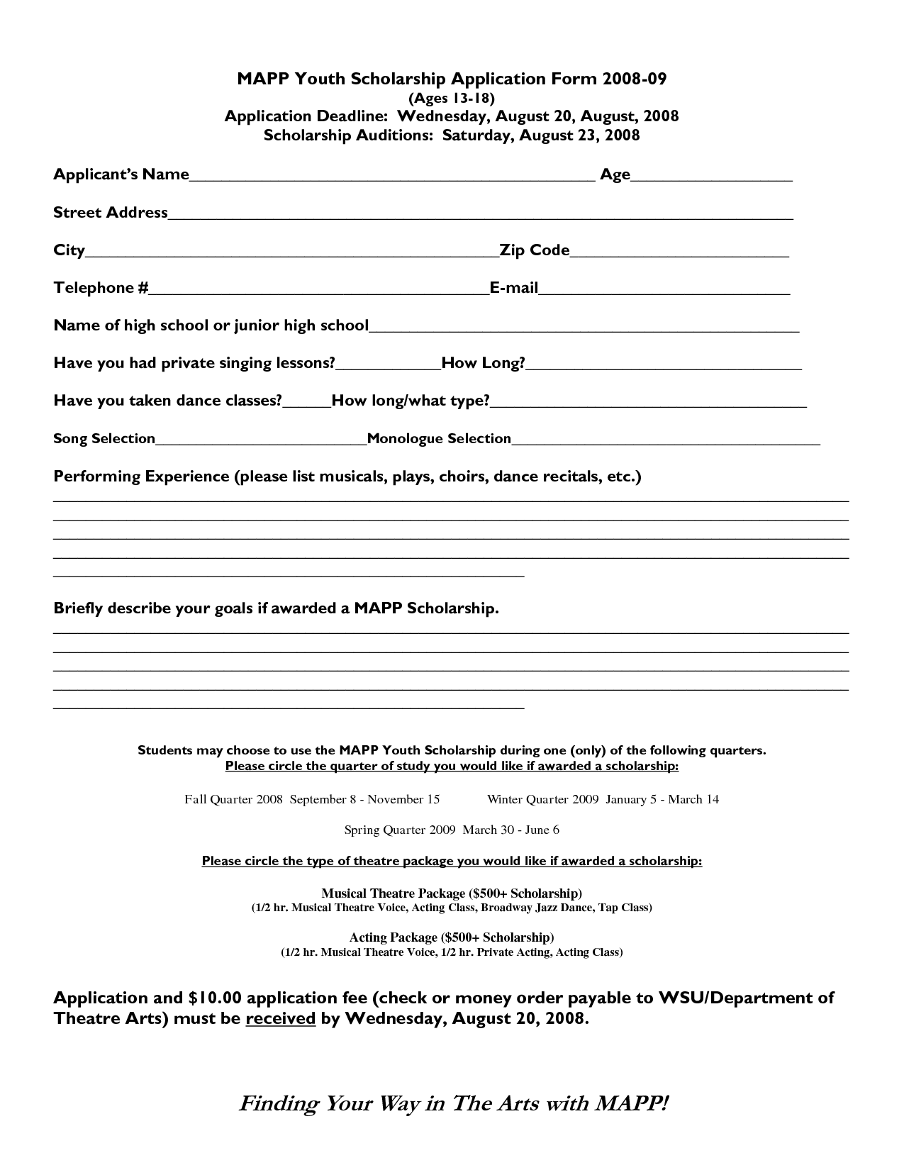 Blank scholarship application form sample college template 