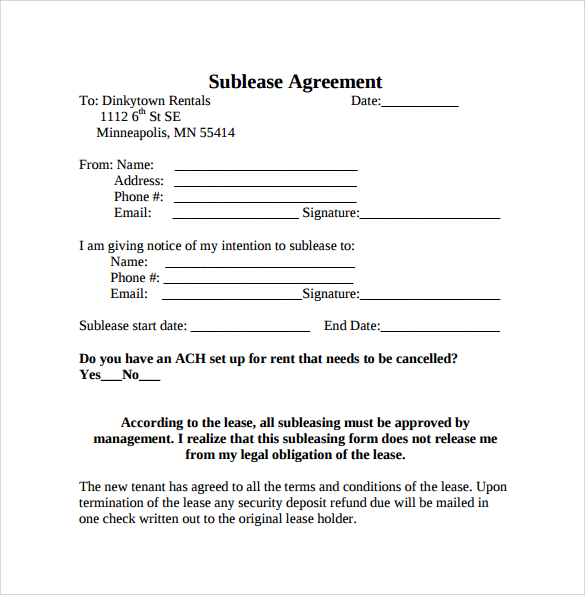 sublease agreement template word