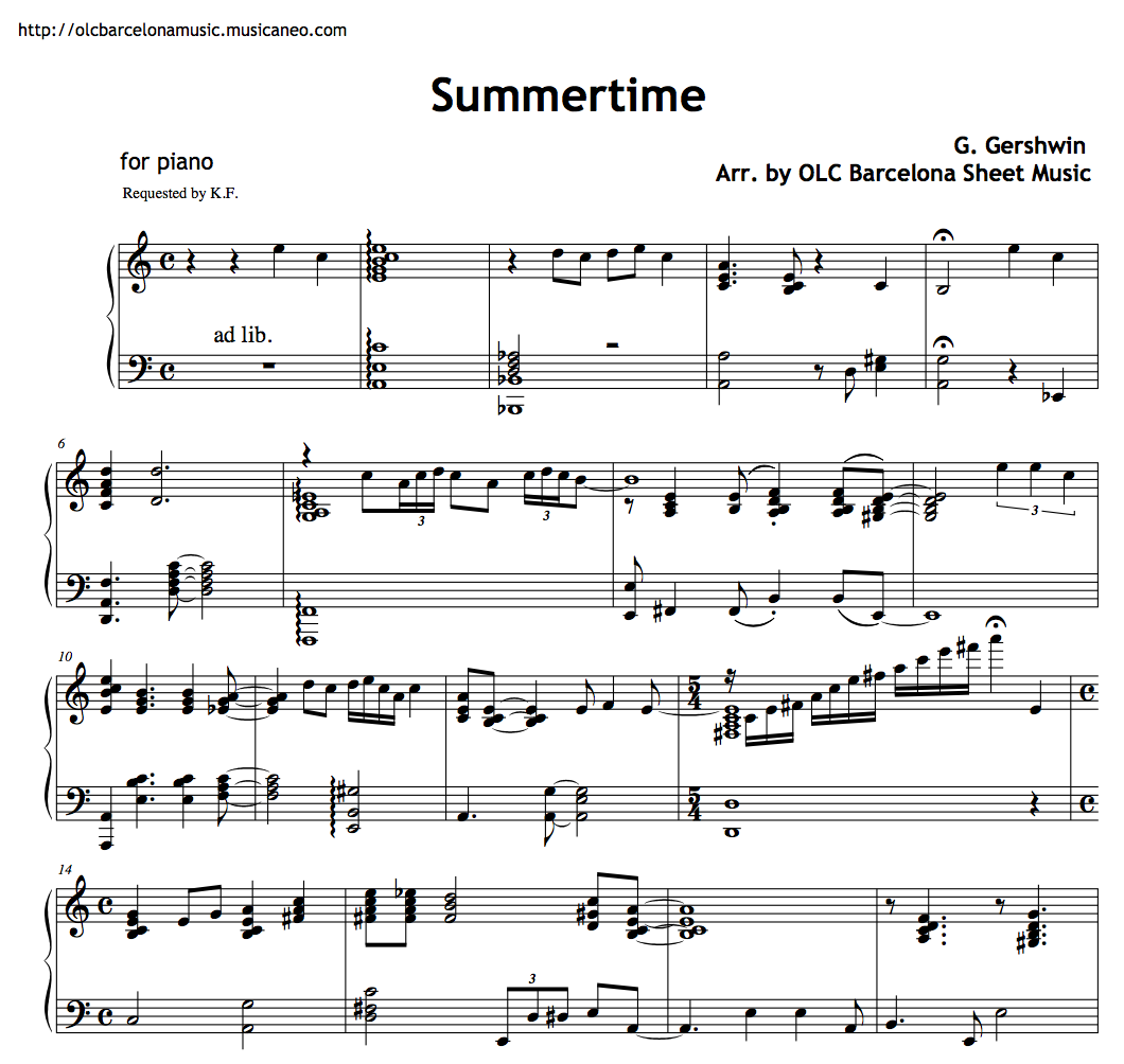 Summertime OLC Barcelona Sheet Music * My Sheet Music Transcriptions.