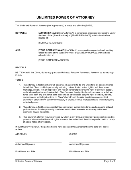 Unlimited Power of Attorney Template & Sample Form | Biztree.com