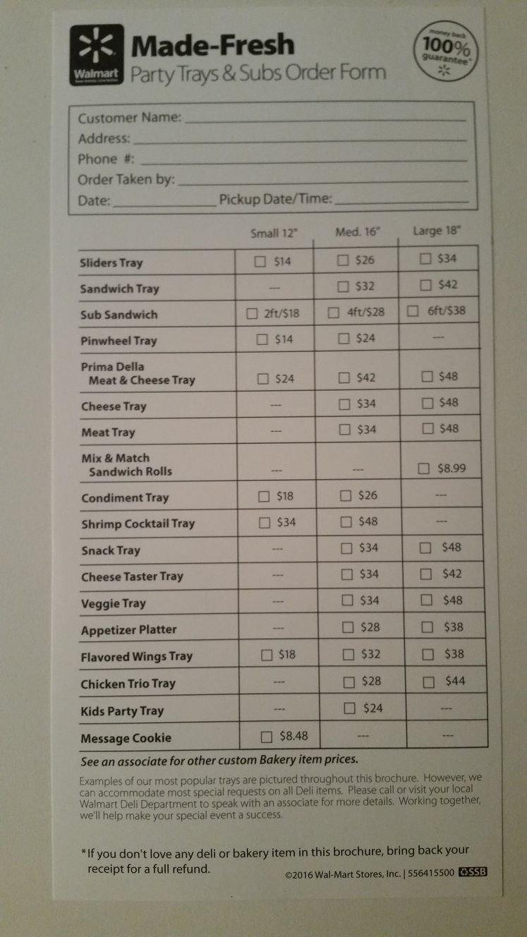 WALMART CATERING MENU WITH PRICES | ORDER FORM 2016